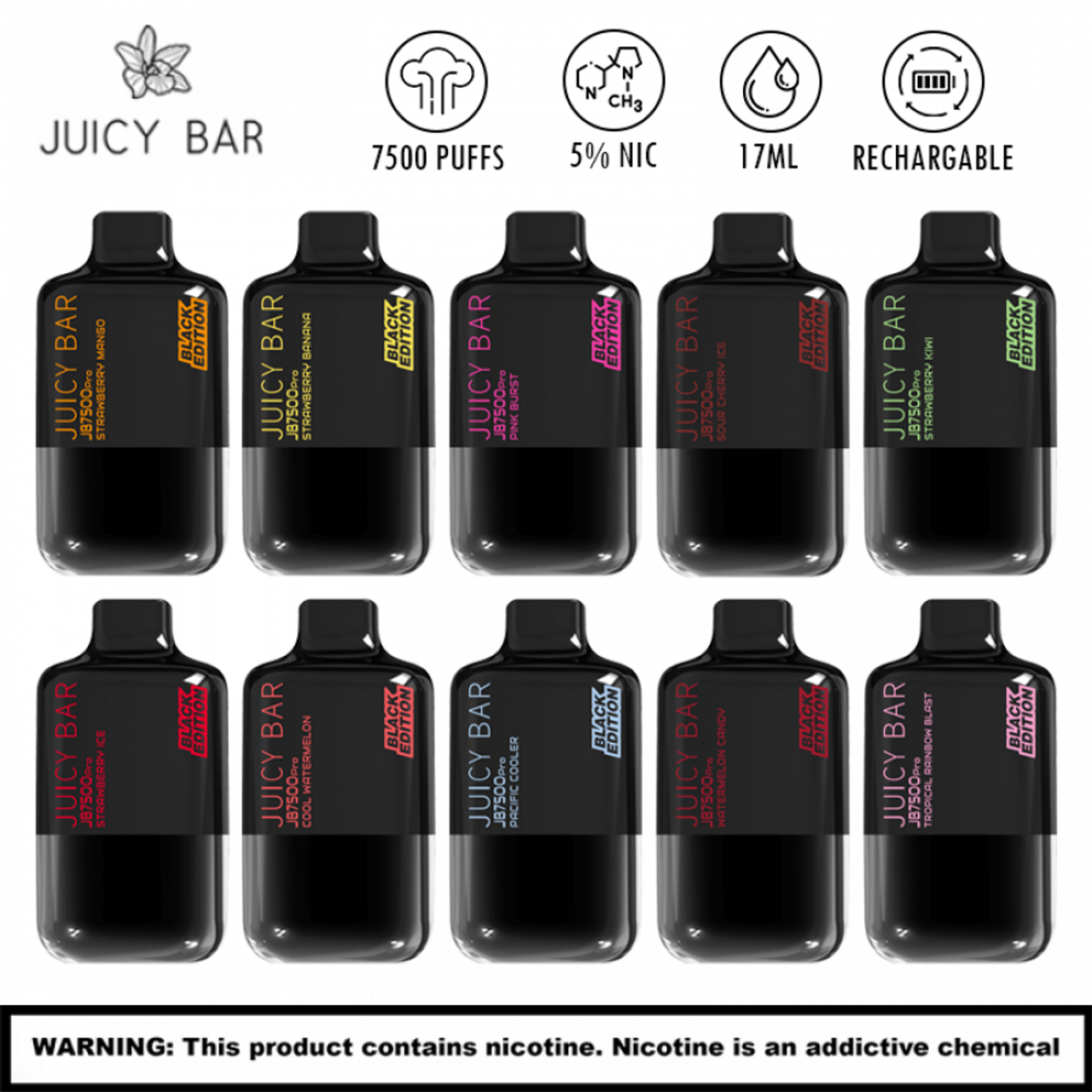 JUICY BAR 5% NICOTINE PRO BLACK EDITION DISPOSABLE DEVICE 7500 PUFFS 17ML